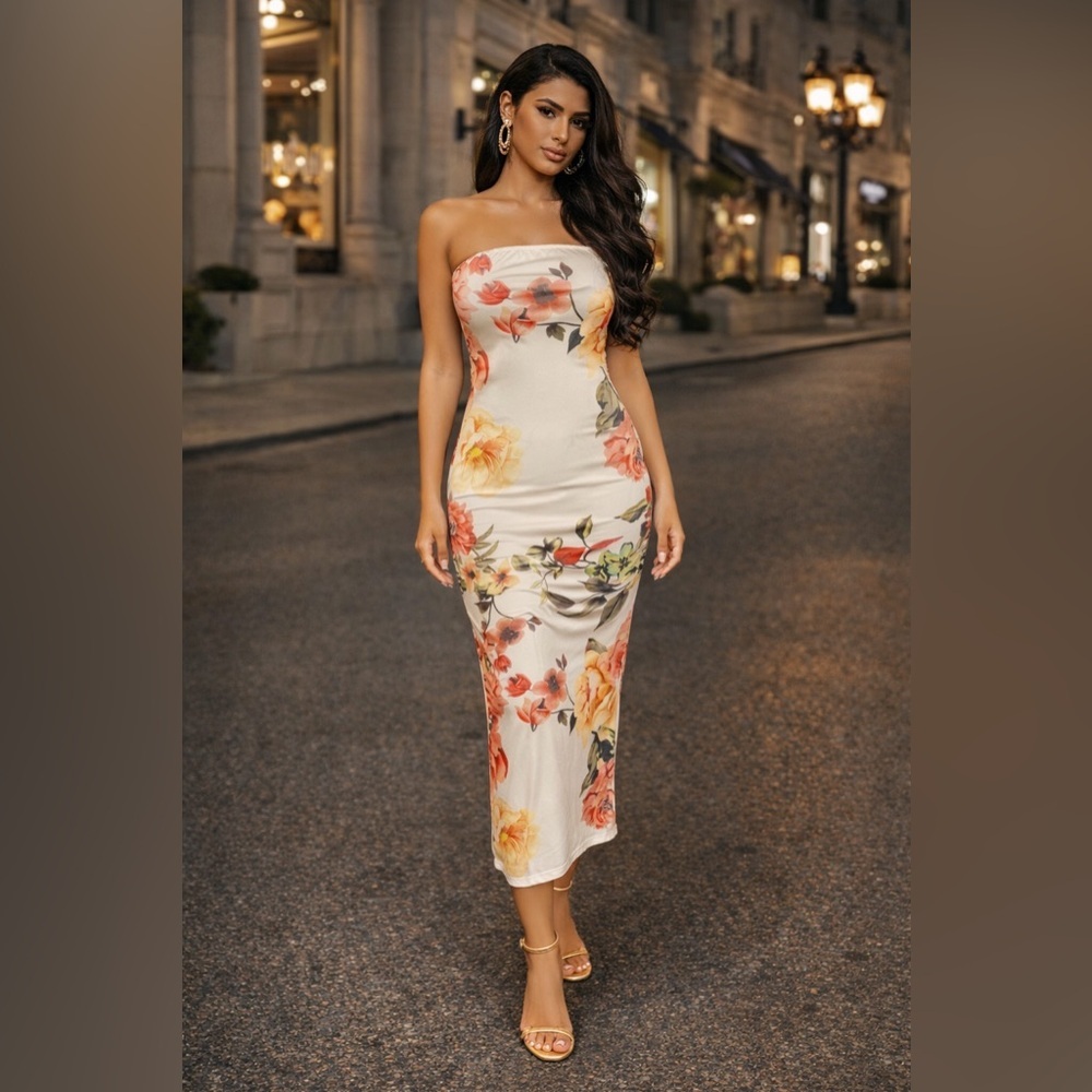Glitz Beaute “Blossom Muse” Strapless Midi Dress